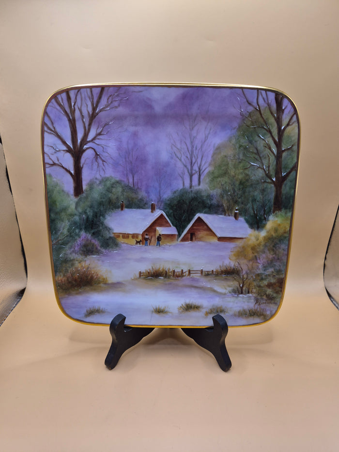 HMT Winter Landscape Decorative Plate Gold Rim Snowy Cabin Scene Collectible