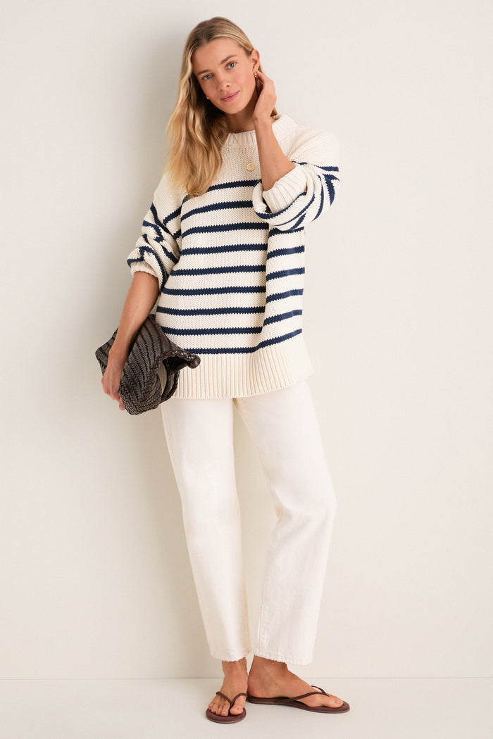 Ivory and Navy Stripe Cotton Genevieve Crewneck Sweater