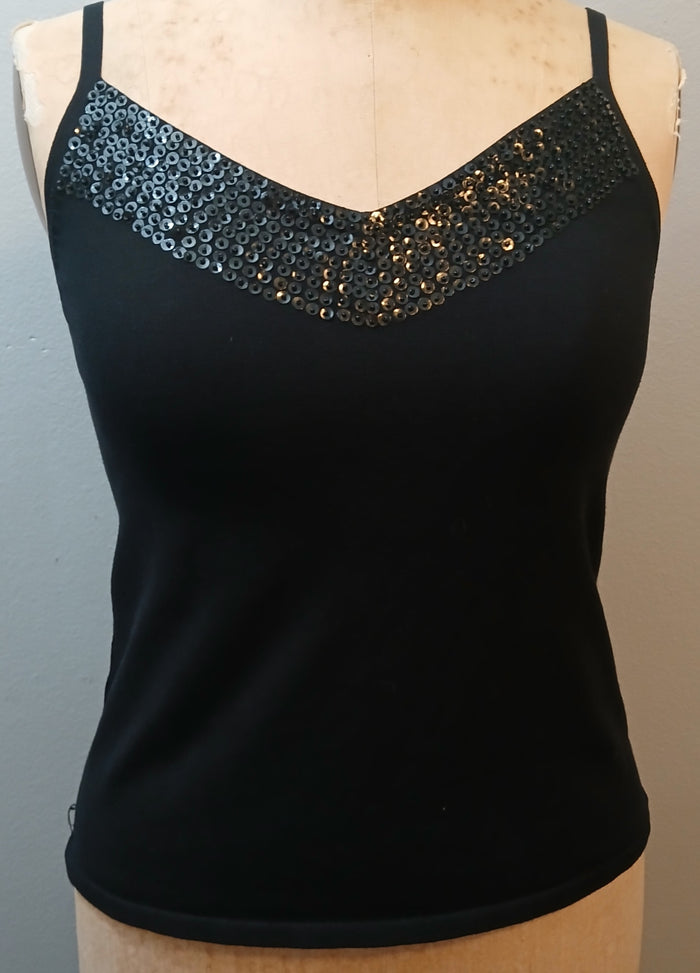 KENAR XL Black Sleeveless Spaghetti Strap Tank Top with Sequin V Neckline Dressy