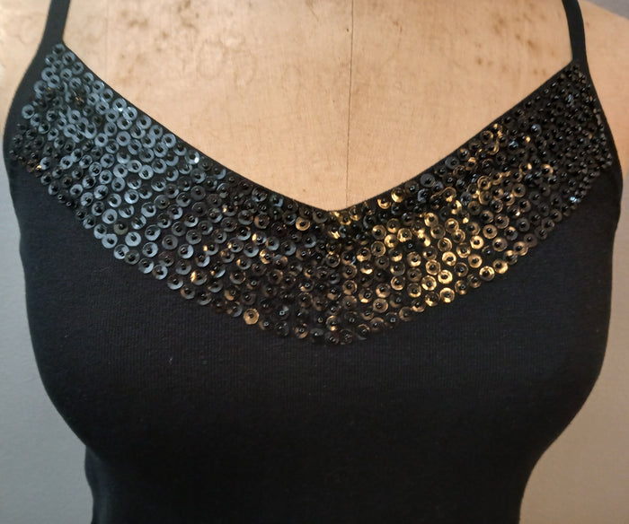 KENAR XL Black Sleeveless Spaghetti Strap Tank Top with Sequin V Neckline Dressy