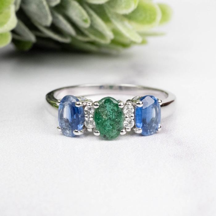 Kyanite + Emerald + White Topaz Ring 6x4mm Size 8 - InnerVision Crystals