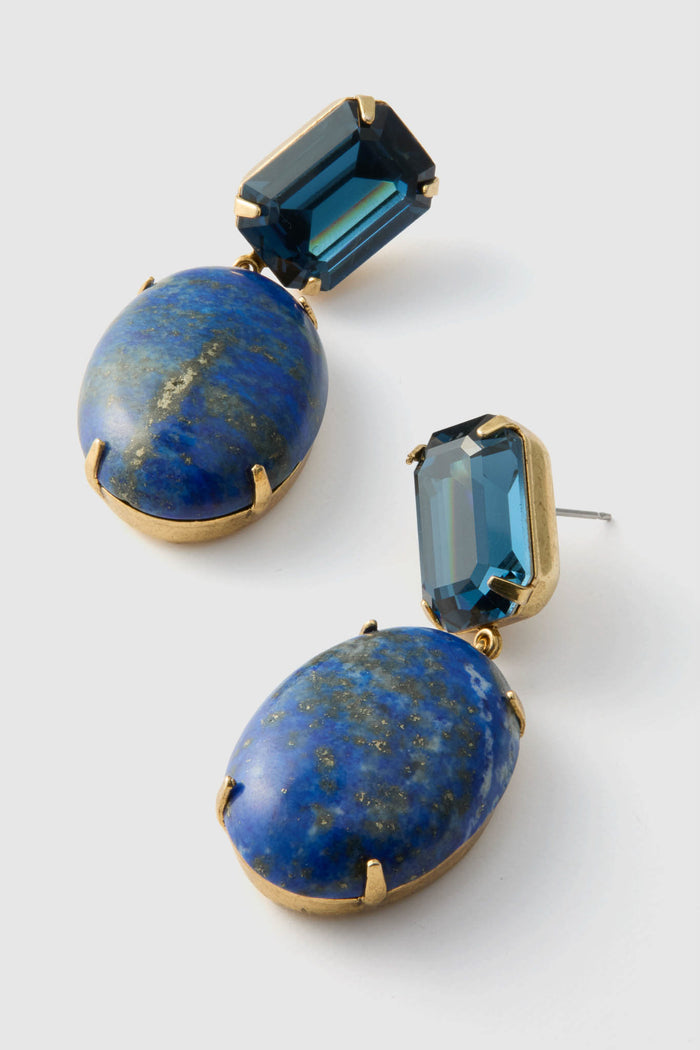 Lapis Xiomara Earrings: Classic drop earrings with deep-blue stones in gold-tone settings, effortlessly blending high-end elegance with fun sophistication for any day or night look.