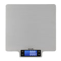 Front view of a large brushed stainless steel platform kitchen scale with a blue backlit digital display.