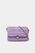 The Moda Luxe small rectangular purple woven crossbody bag features a chic gold chain strap and gold clasp, making it the perfect stylish purse for women.