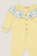 Lemon Kayra Cotton Baby Knitted Set: Classic, high-end two-piece with a fair-isle cardigan and footed leggings. Effortless style for fun, comfortable baby wear.
