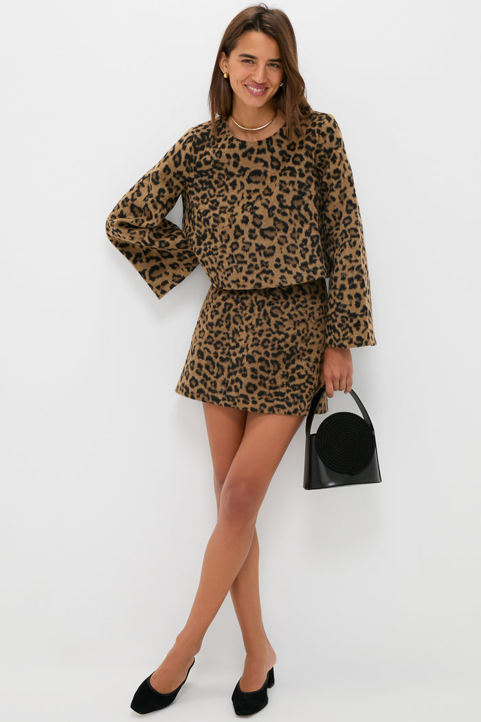 Leopard Brushed Wool Meg A-Line Mini Skirt