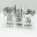 The Eye Candy Let's Eat Silverware Caddy is a clear acrylic tray labeled FORKS, KNIVES, and SPOONS, neatly organizing silverware into compartments—perfect for keeping your dining setup tidy and stylish.