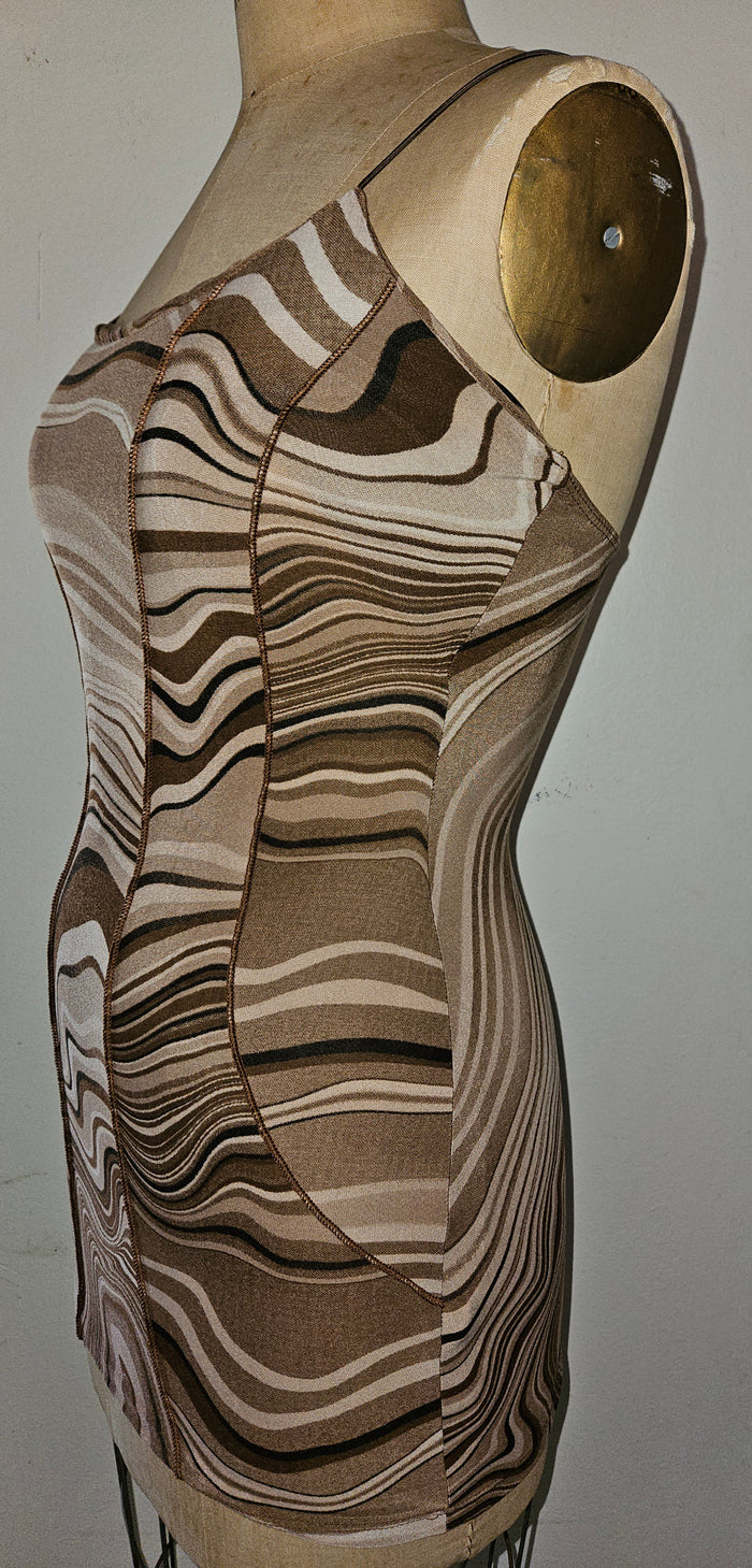 LOVELY DAY Large Brown Black Swirl Print Spaghetti Strap Boho Sundress Chic Look