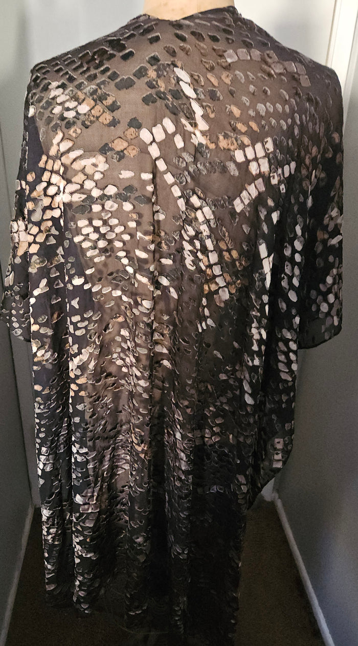 LOVESTITCH OSFM Black Tan Abstract Geo Print Sheer Kimono Cardigan Shawl Wrap