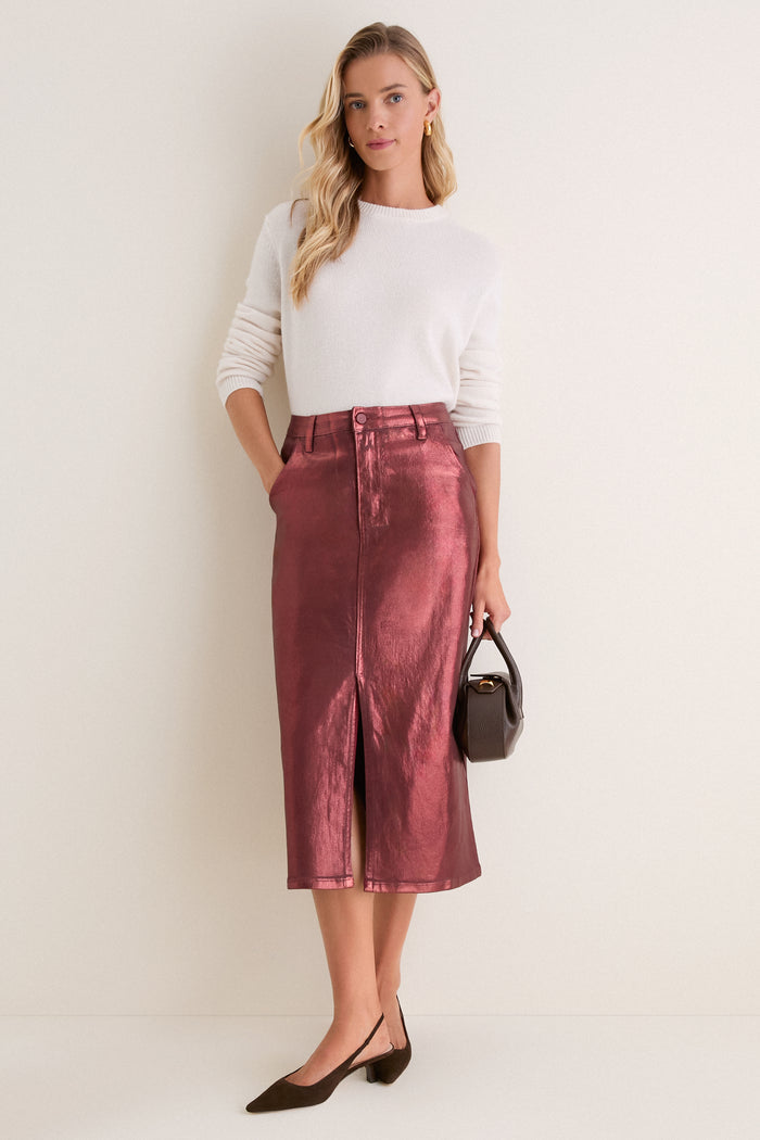 Maroon Shimmer Denim Astor Midi Skirt