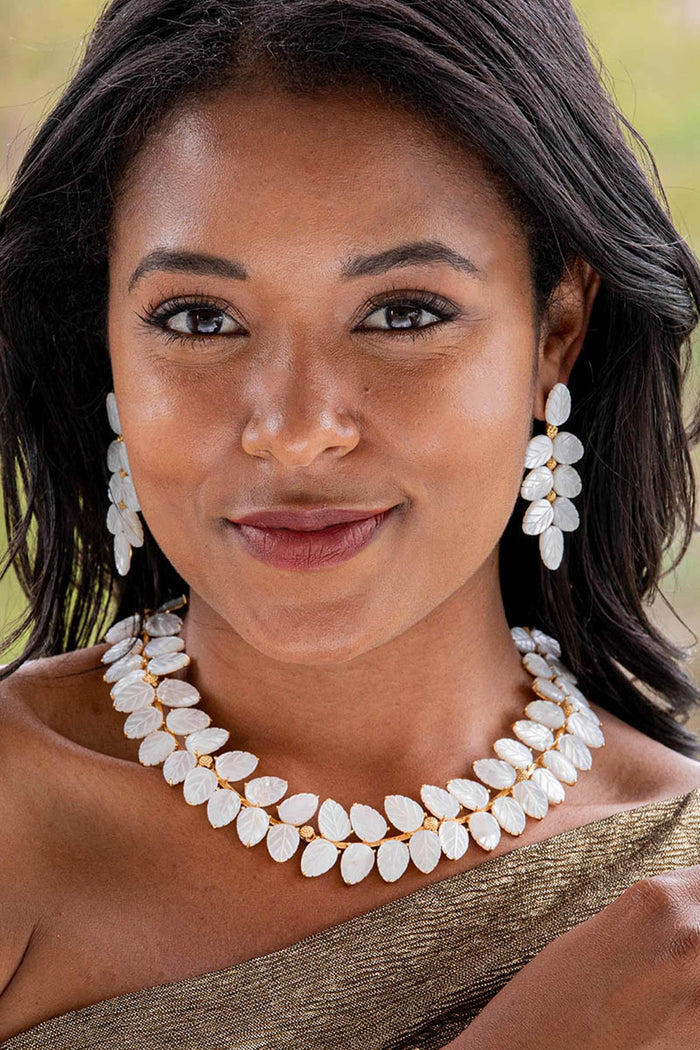Mermaid Garden Vine Drop Earrings - MOP: Classic, effortless white mother of pearl leaves with golden berry centers create a high-end, fun look, perfect for any occasion.