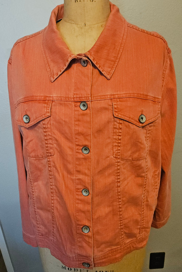 Merona 24/26W Orange Denim Jean Jacket Button Front Pockets Plus Size Casual Style