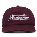 Mississippi State Bulldogs Original Heritage Bar Snapback in dark maroon, front view of embroidered school script and bar design