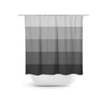shower curtain with gray gradient stripes with the lightest gray stripe at the top of the curtain and the darkest gray stripe at the bottom of the curtain. There are 5 stripes on the curtain.