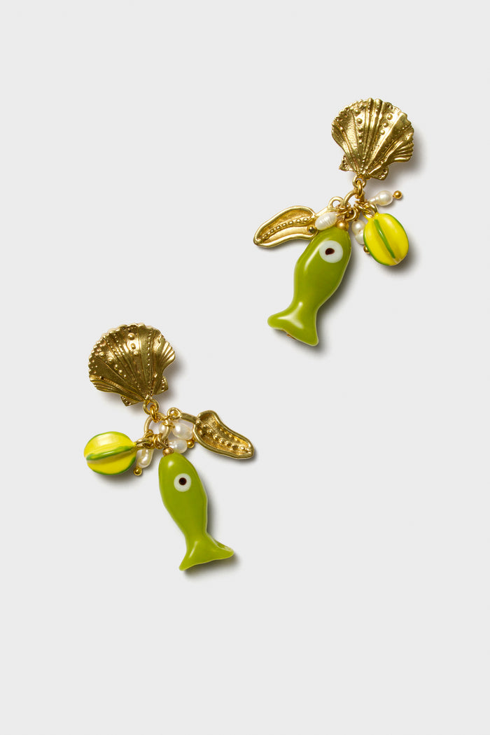 Alemais ocean-inspired fish earrings feature gold shell shapes, green and yellow fish charms, yellow bead accents, and small freshwater pearls.