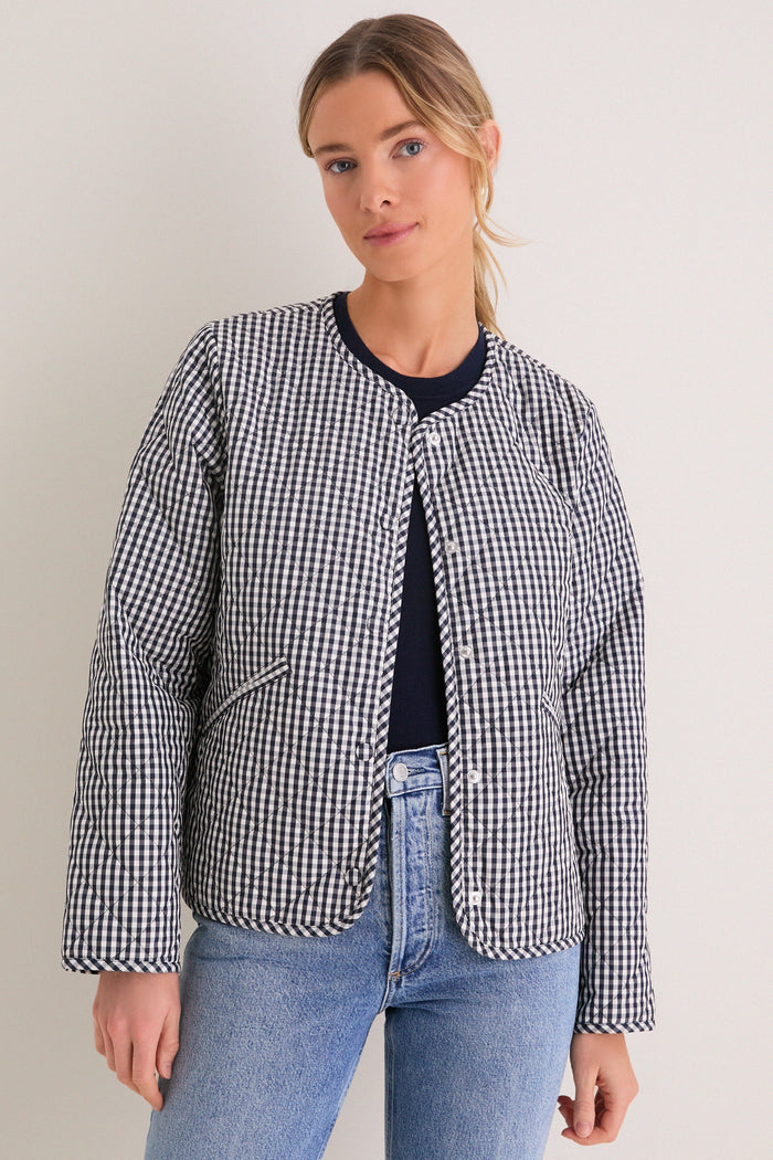 Navy Gingham Cashel Collarless Quilted Jacket