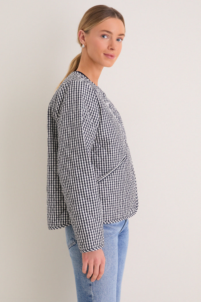 Navy Gingham Cashel Collarless Quilted Jacket