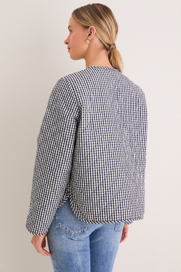 Navy Gingham Cashel Collarless Quilted Jacket
