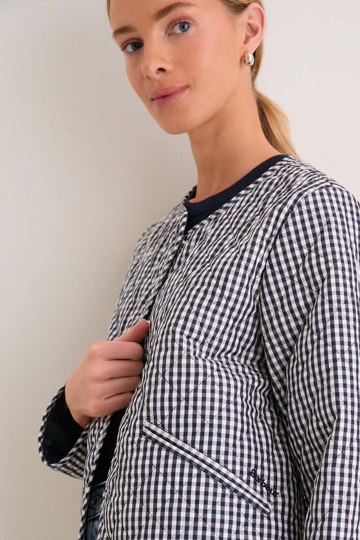 Navy Gingham Cashel Collarless Quilted Jacket