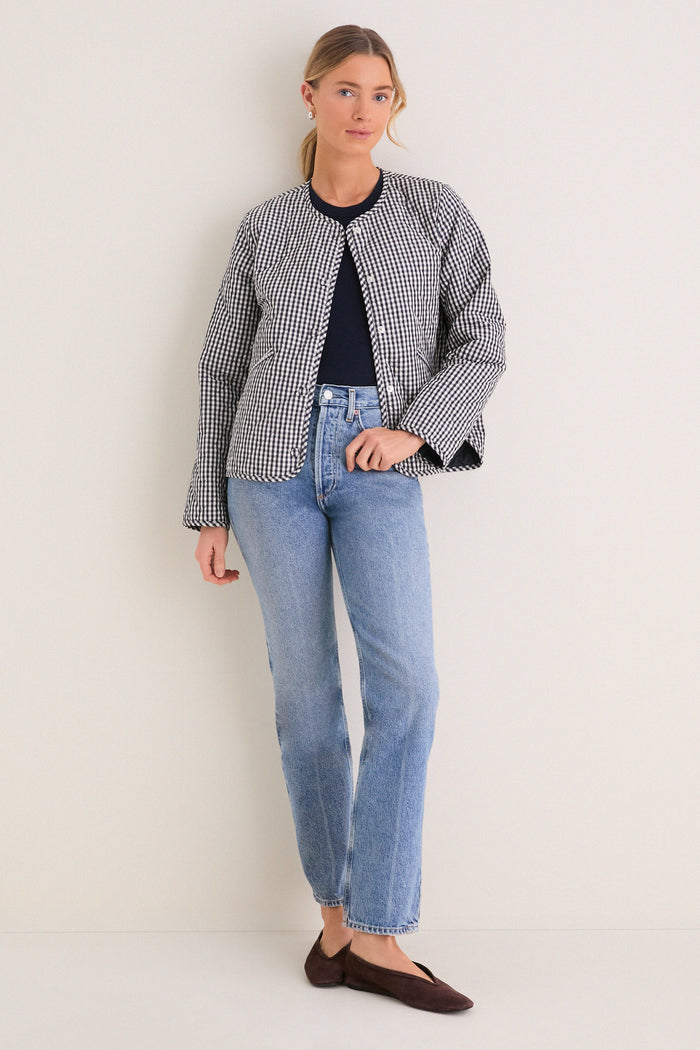 Navy Gingham Cashel Collarless Quilted Jacket