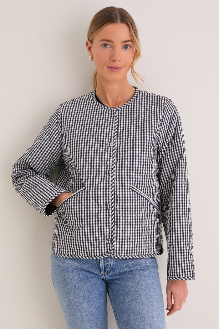 Navy Gingham Cashel Collarless Quilted Jacket