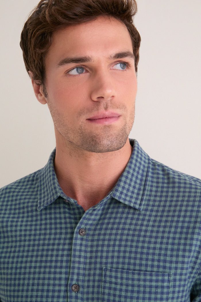 Navy Green Gingham Stretch Selvage Shirt