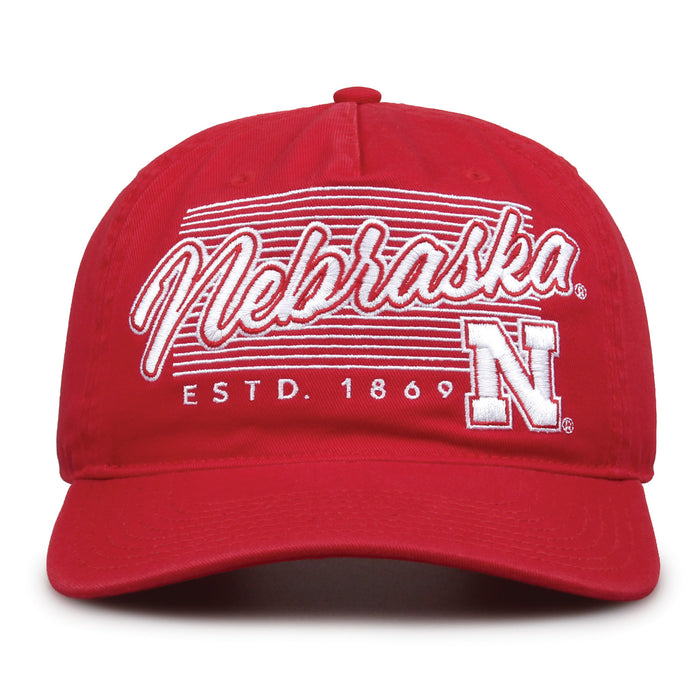 Nebraska Cornhuskers Original Heritage Script Snapback in red, front view showing embroidered school script