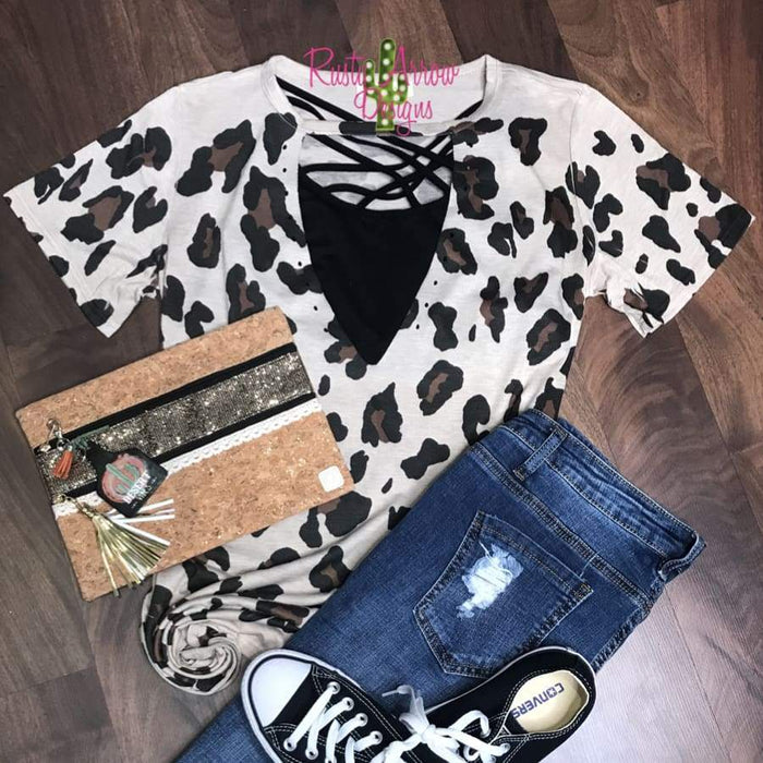 Oatmeal Leopard Print Choker Neck Top - Tee Shirt