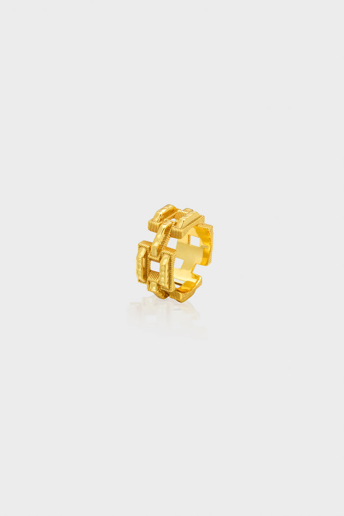 Pathway Ring in Gold: A classic, high-end geometric open-work design featuring interlocking rectangles. Effortless style for any occasion, adding a fun modern touch.
