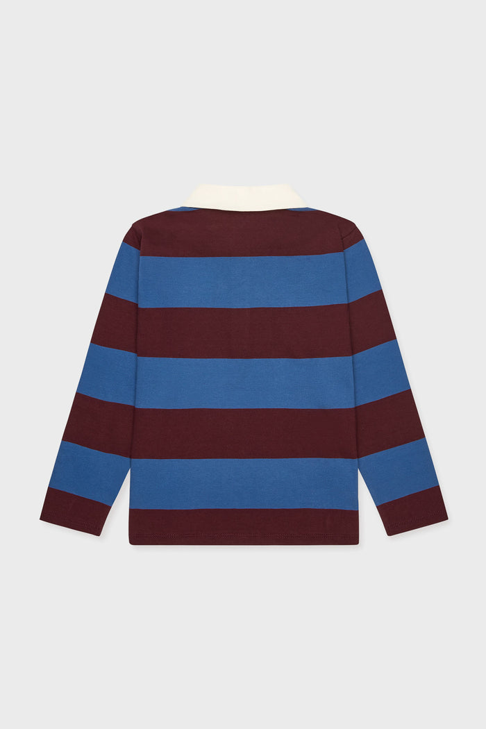 Petrol Blue Stripe Tijo Long Sleeve Boy Rugby Shirt, showcasing classic burgundy and blue stripes with an off-white collar, embodies effortless, high-end style with a fun, vintage touch.