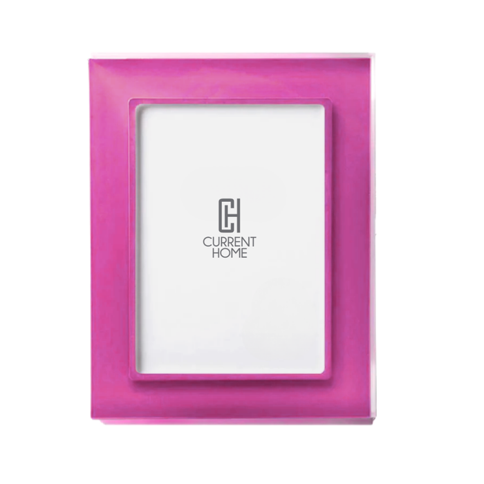 The Prisma Frame - Fuchsia by Bella Moulding is a rectangular pink picture frame with a glossy finish, UV-filtering glass, and a placeholder insert showing the Current Home logo in gray on white.