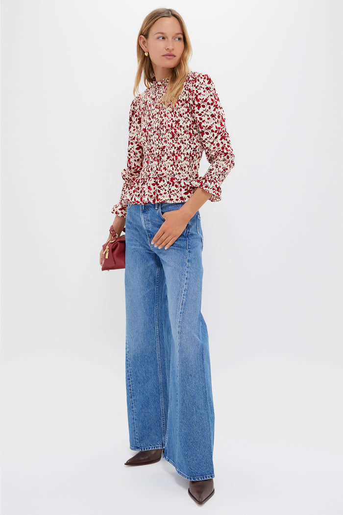 Red & Cream Floral Smocked Cynthia Blouse