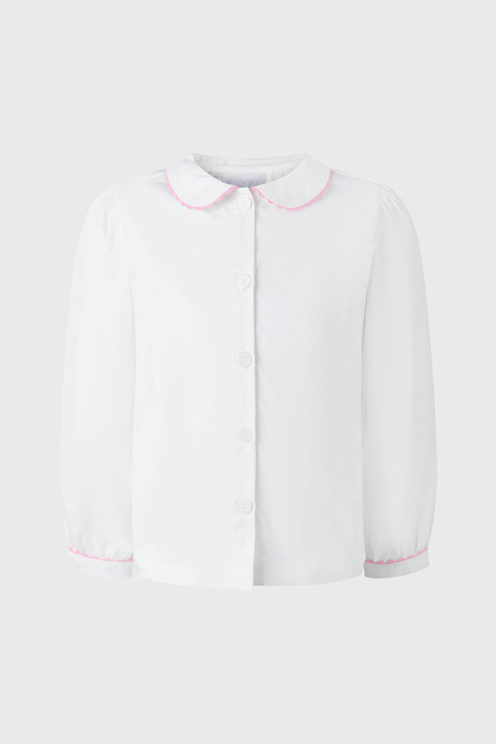 Ric Rac Blouse: A classic, long-sleeved, high-end cotton blouse with a Peter Pan collar and pink ricrac trim, exuding effortless charm for your little fashionista.