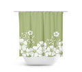 A sage green shower curtain with a white hibiscus vine pattern, featuring 12 buttonholes for hook placements. The pattern covers the bottom 60 percent of the curtain. The top portion is solid sage  green.