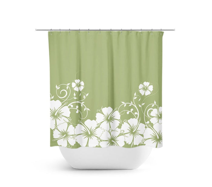 A sage green shower curtain with a white hibiscus vine pattern, featuring 12 buttonholes for hook placements. The pattern covers the bottom 60 percent of the curtain. The top portion is solid sage  green.