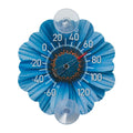 Blue daisy shaped silicone thermometer with Fahrenheit scale and two clear suction cups