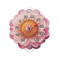 Pink peony shaped silicone suction cup thermometer with a floral dial.