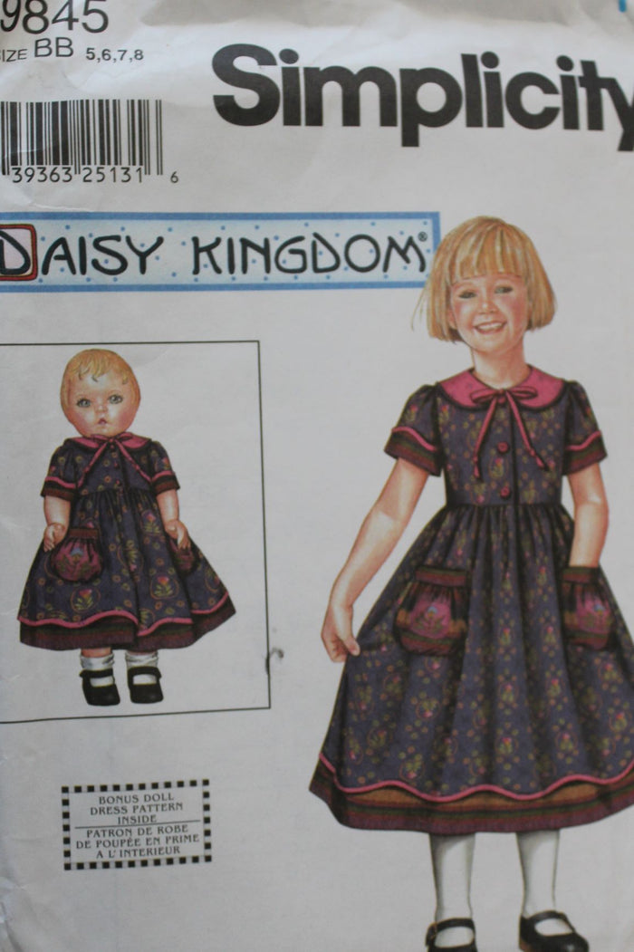 Simplicity 9845, Girls Dress, Doll Clothing, Daisy Kingdom, Uncut Sewing Pattern
