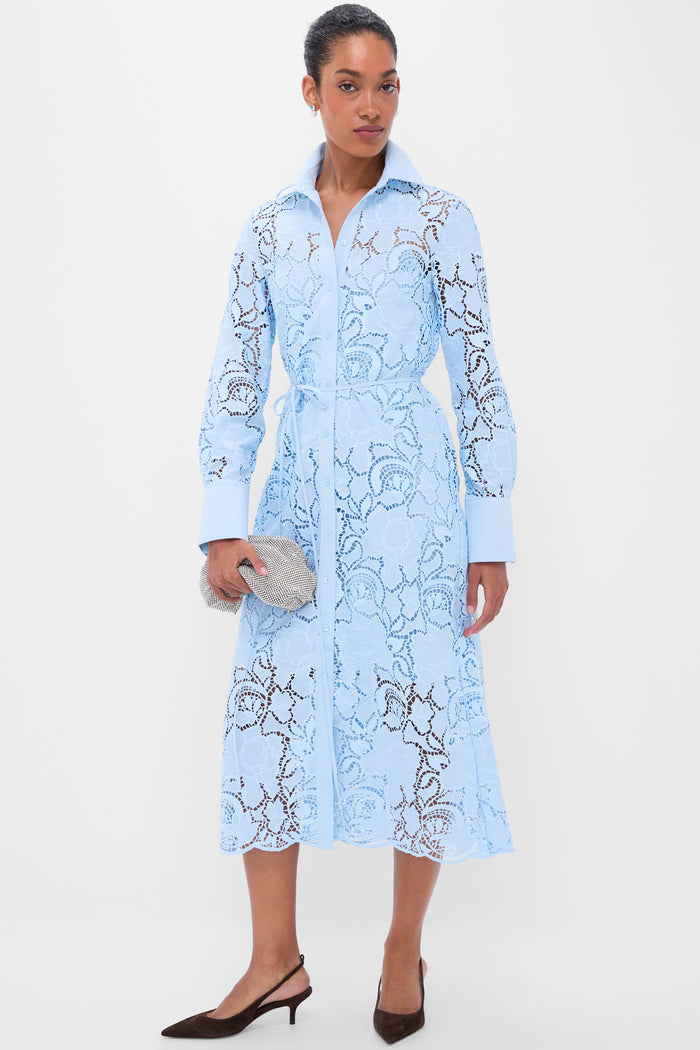 Woman models a classic, effortless elegance in a pale-blue lace shirt-dress, holding a silver clutch, embodying Tuckernuck's fun, high-end style.