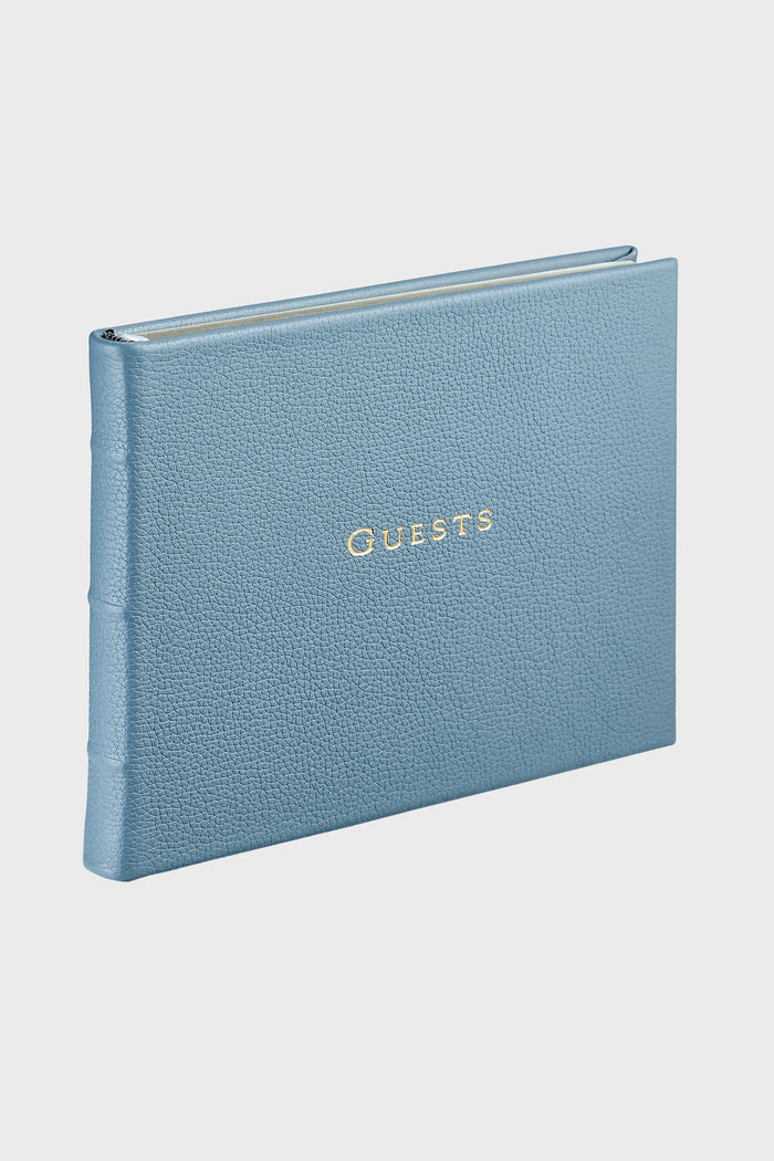 Slate Blue Pebble Grain Guest Book with Guests in gold embossing; a classic, high-end leather-bound register for effortless and fun event memories.