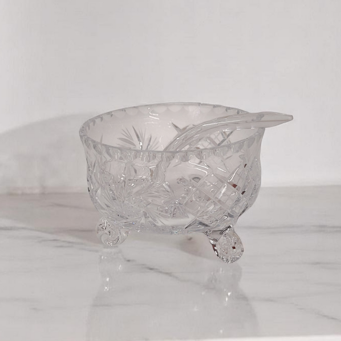 Small Hand-Cut Crystal Glass 3-Footed Sugar Bowl With Crystal Spoon