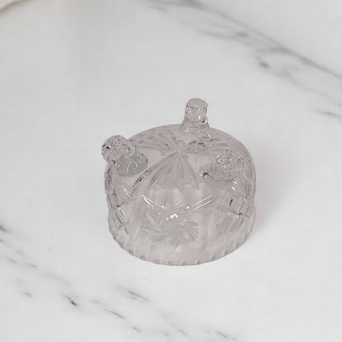 Small Hand-Cut Crystal Glass 3-Footed Sugar Bowl With Crystal Spoon