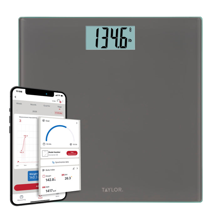 Gray glass smart scale with a large digital weight readout in pounds