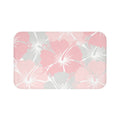 Muted Pink, Light Pink, and Gray Hibiscus flowers against a white background printed on a memory foam floor mat with anti-skid backing.