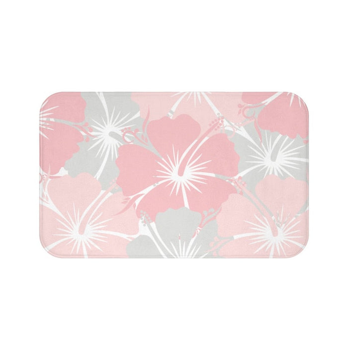 Muted Pink, Light Pink, and Gray Hibiscus flowers against a white background printed on a memory foam floor mat with anti-skid backing.