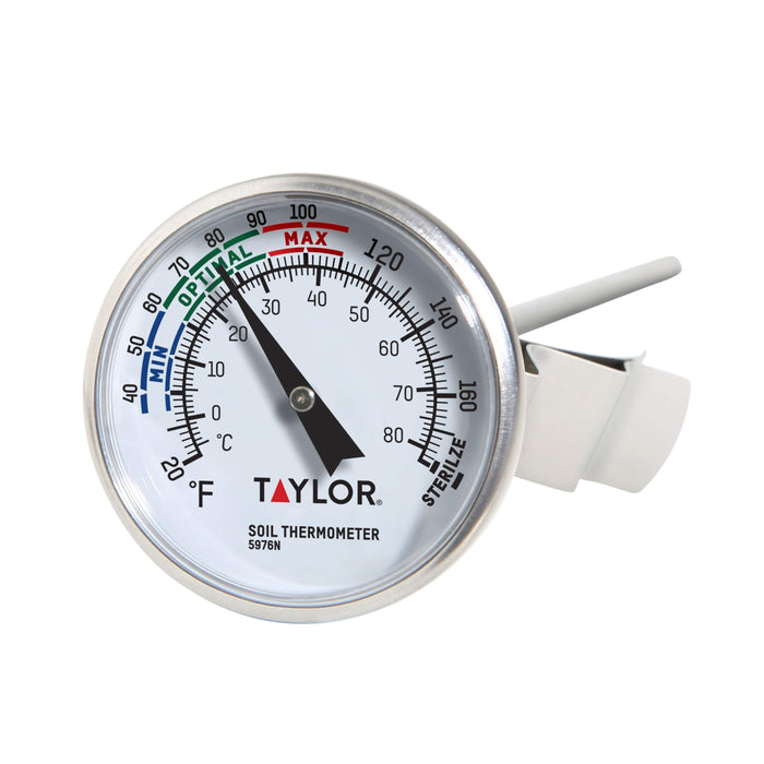 Close-up of a Taylor soil thermometer dial