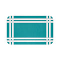 A rectangular solid teal with white borders memory foam mat with a simple geometric pattern.