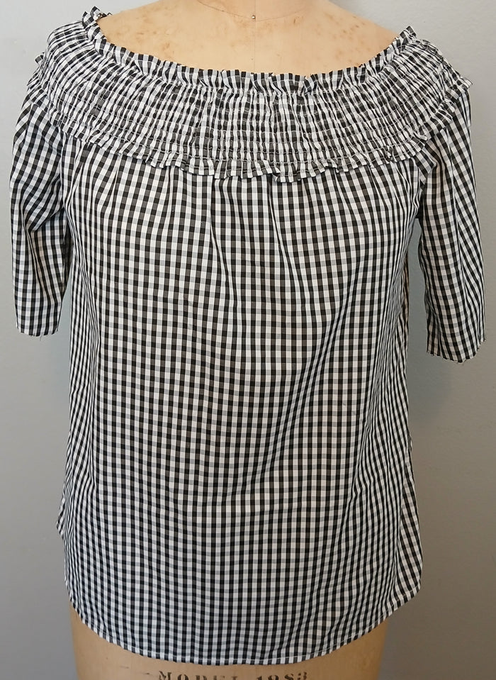 Song of Style Large Black White Checkered Off the Shoulder Ruffle Neckline Top