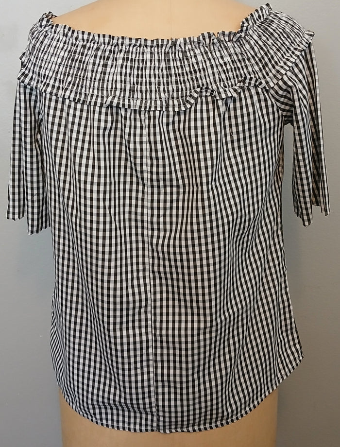 Song of Style Large Black White Checkered Off the Shoulder Ruffle Neckline Top