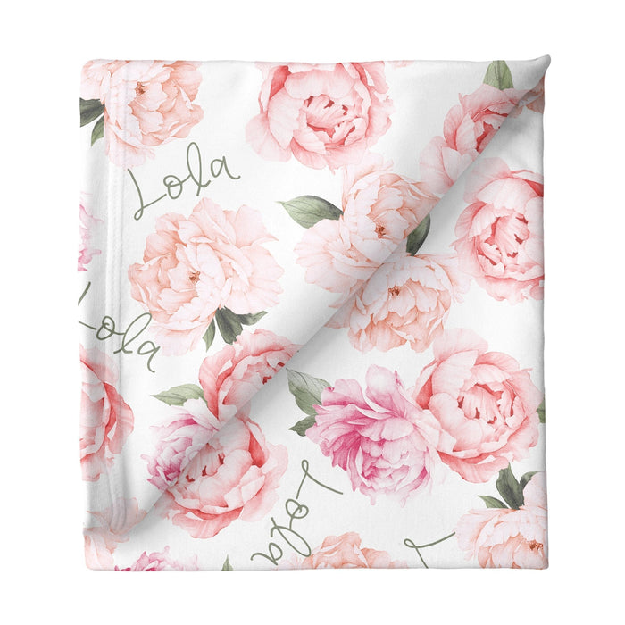 Sugar + Maple Personalized Green Sugar + Maple Small Stretchy Blanket - Peach Peony Blooms